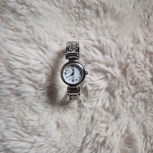 Accutime Watch Cuff Bracelet Style Womens Ladies Silver Tone Heart Cross Quartz